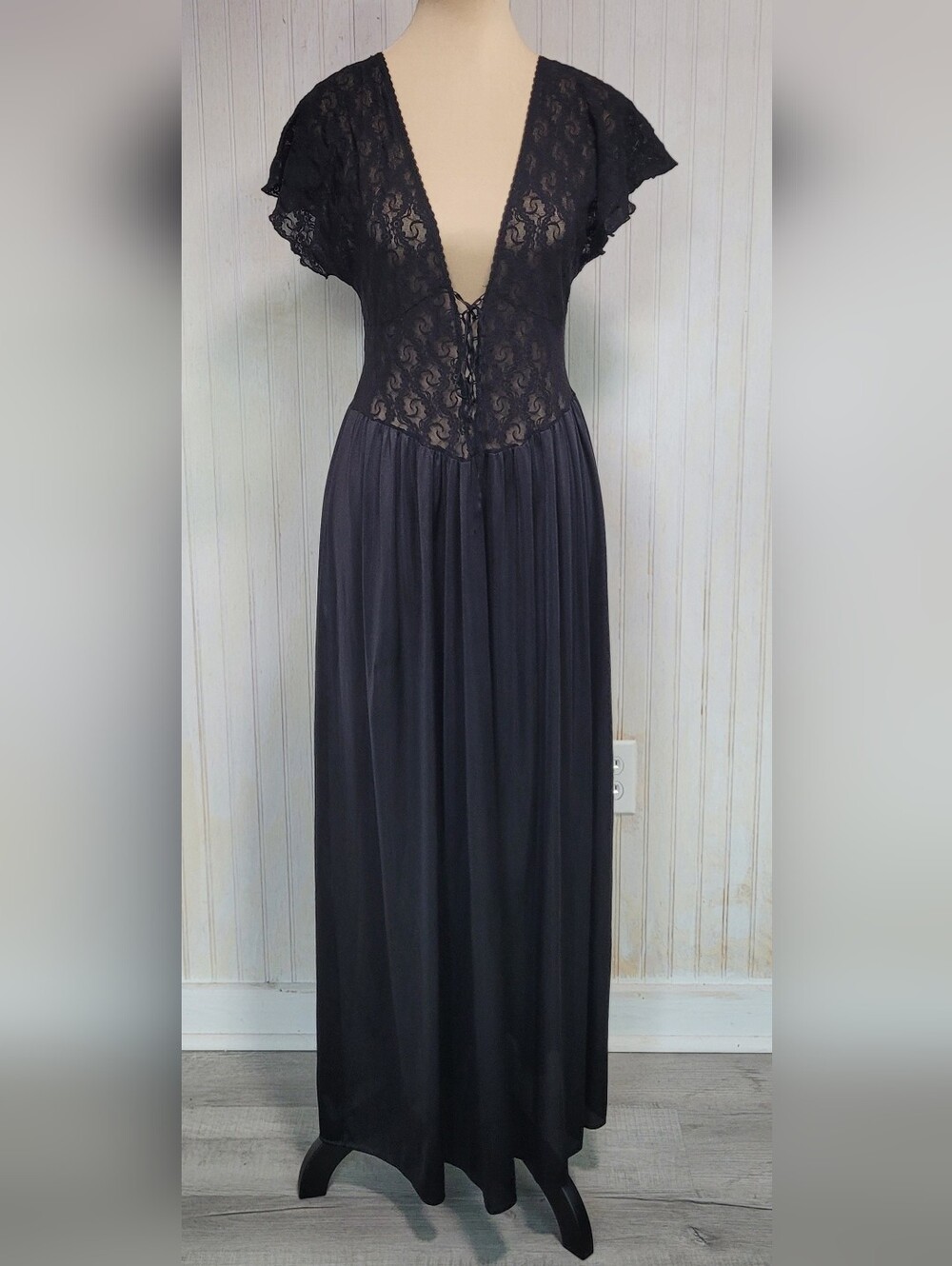 Vintage Cinema Etoile Black Lace Corset Front Maxi Nightgown Size L